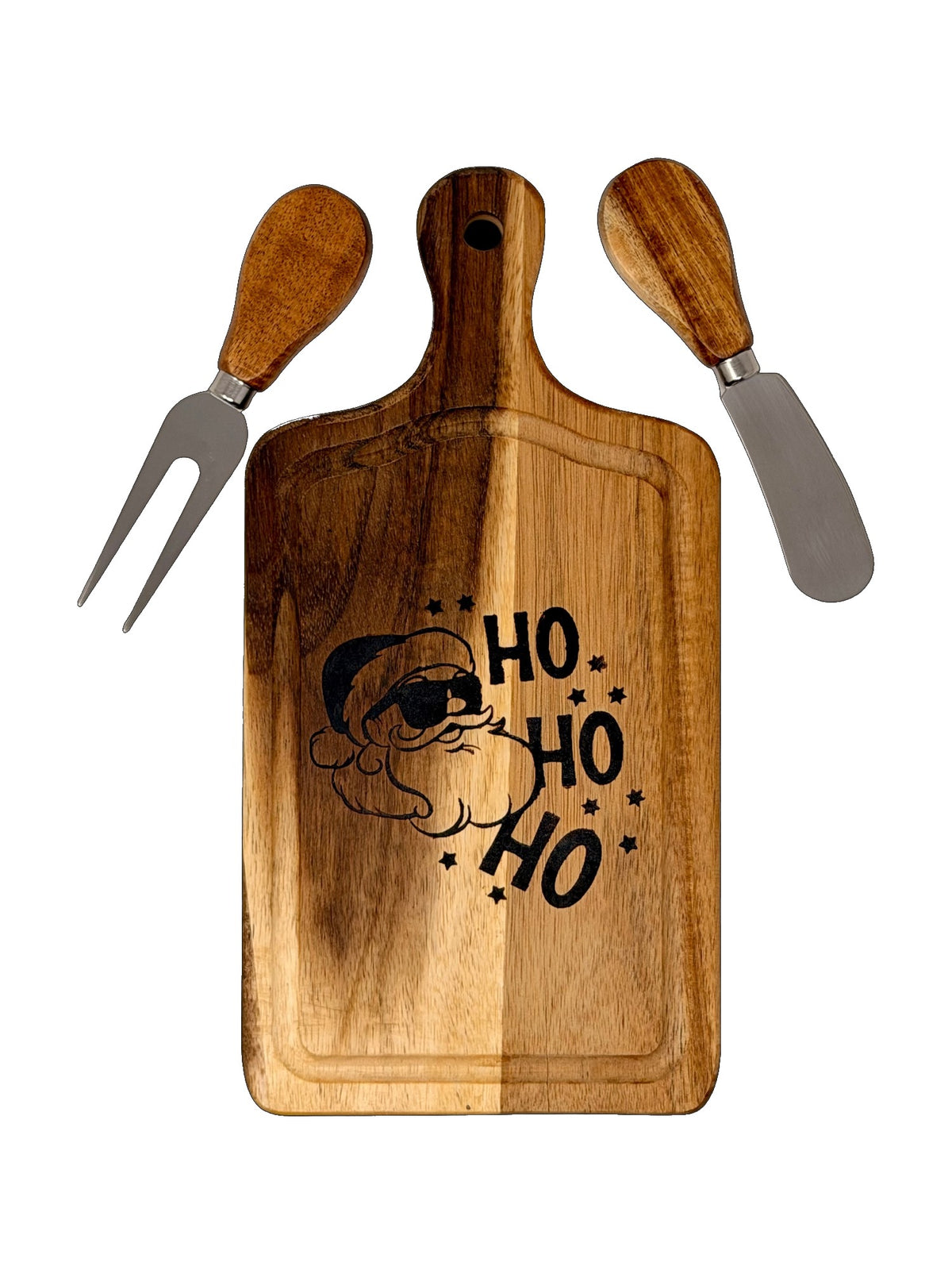 Ho Ho Ho cheese board with wood-handled cheese knife and two-tine fork