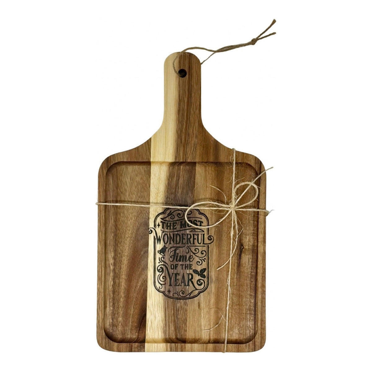 Most Wonderful Time of the Year cutting board tied with twine