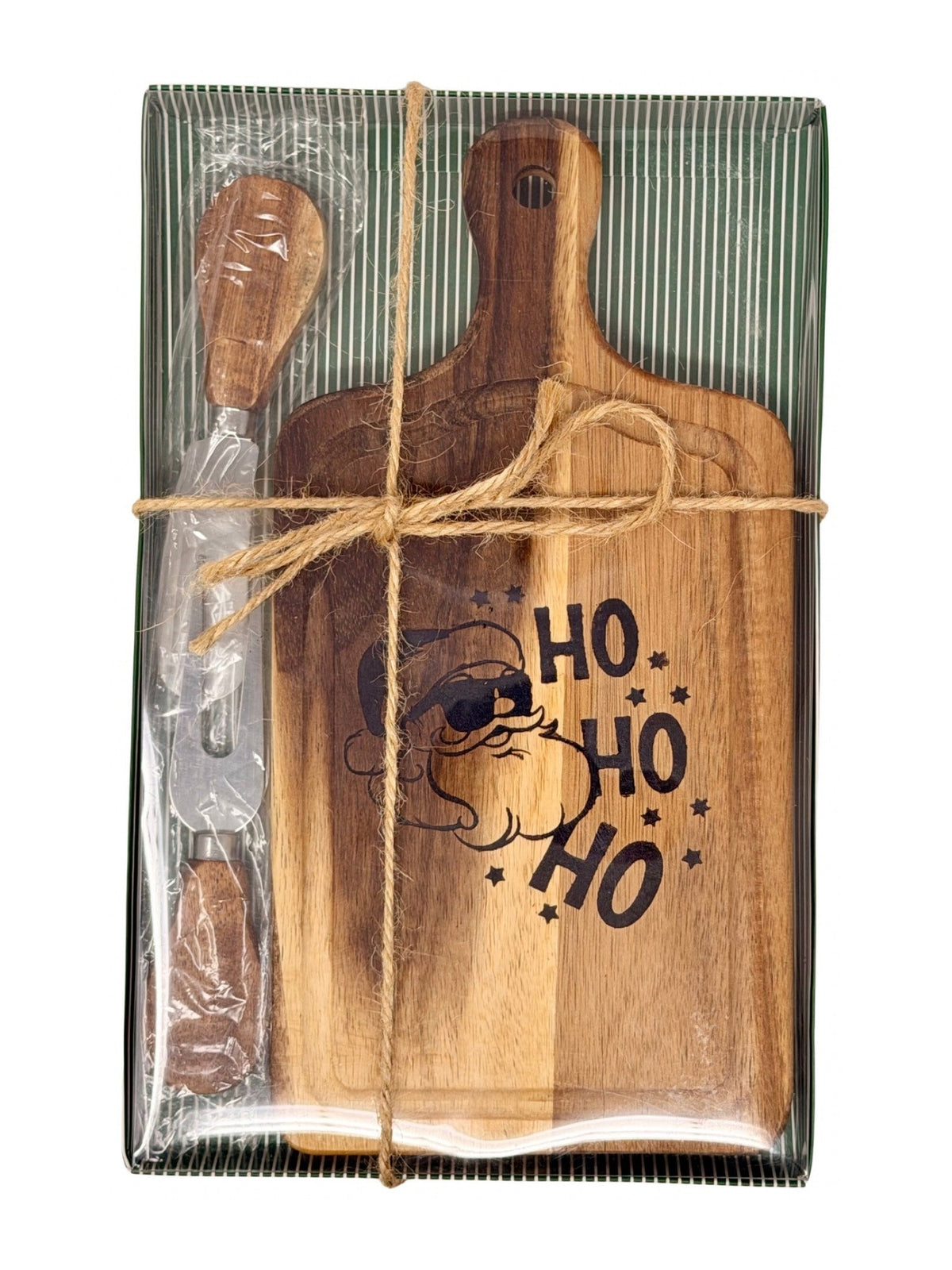 Ho Ho Ho cheese board gift set tied with twine, ready to give