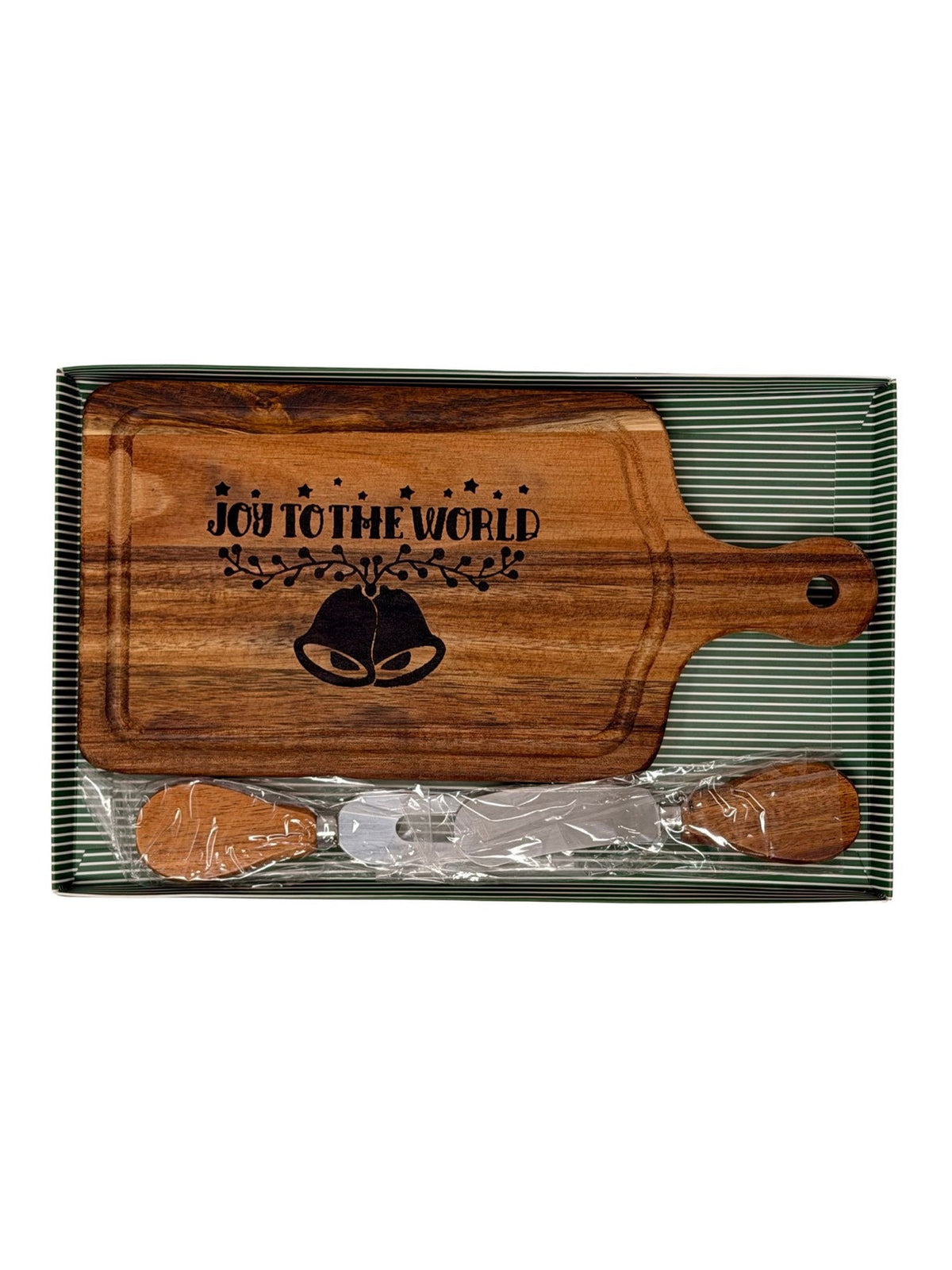 Hand-burned Joy to the World cheese board with wood-handled cheese knife and fork in a green striped gift box