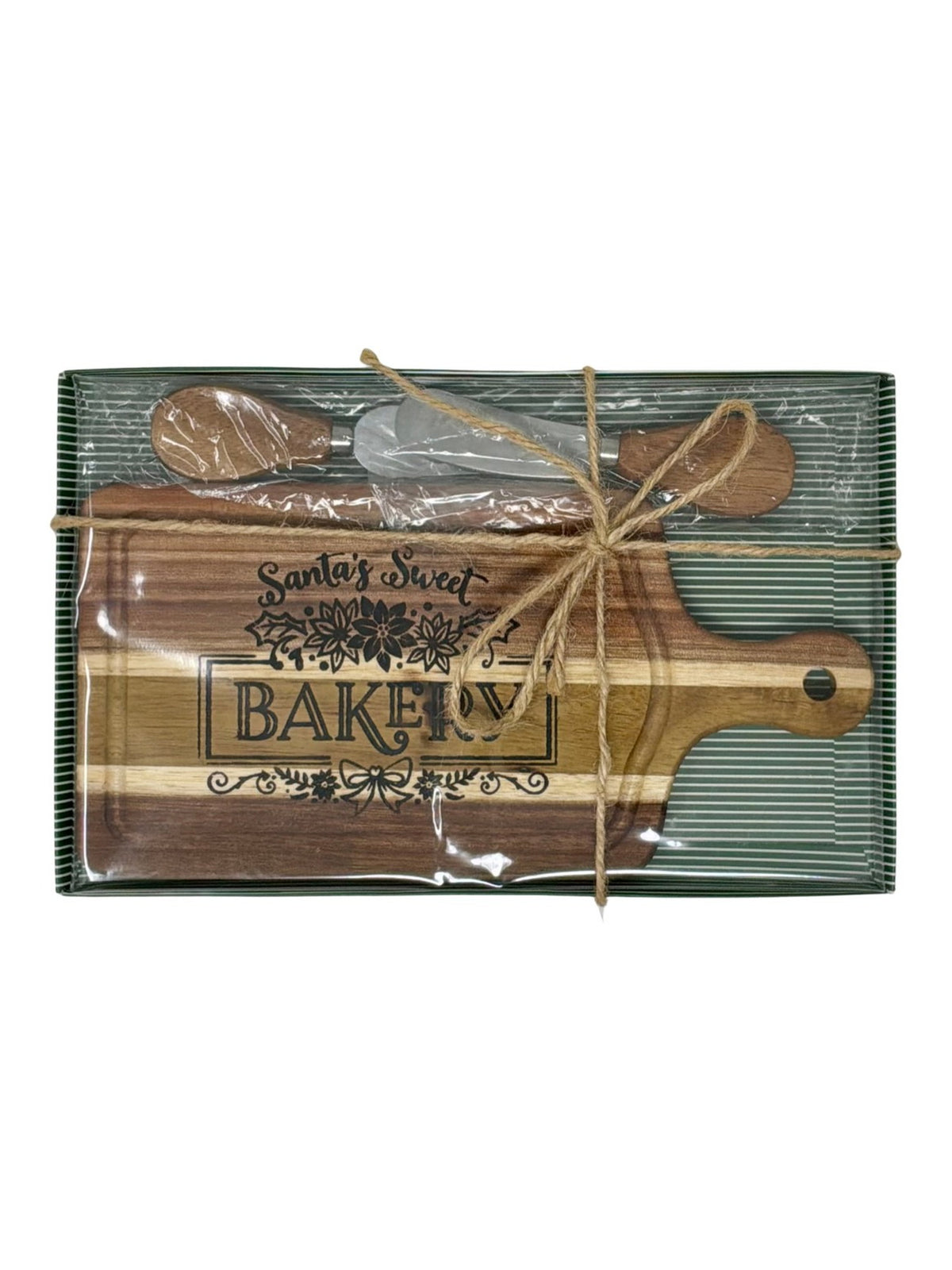 Santa's Sweet Bakery cheeseboard gift set tied with twine, ready to give