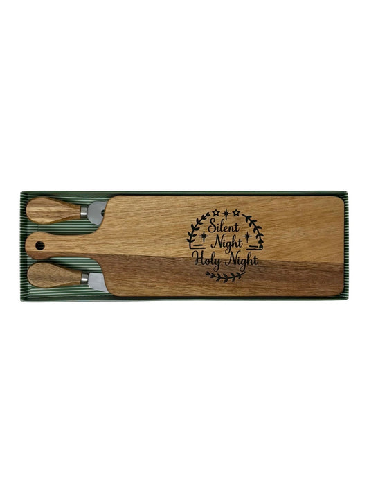 Silent Night Holy Night cheeseboard with wood-handled cheese fork and spreader in a green striped gift box