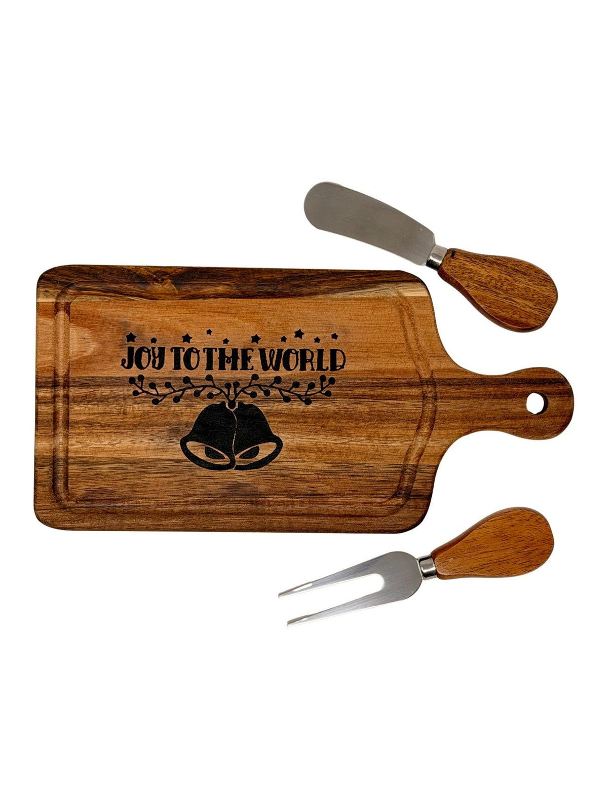 Joy to the World cheese board with wood-handled cheese knife and two-tine fork