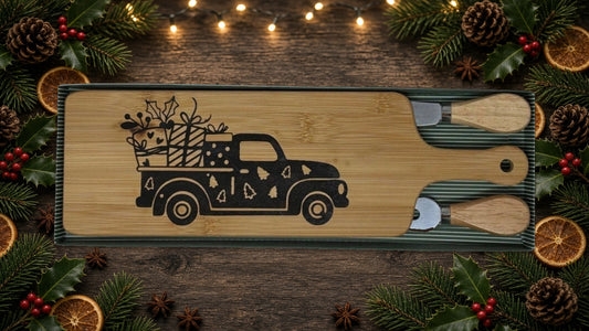 Christmas truck cheeseboard gift set on a holiday table