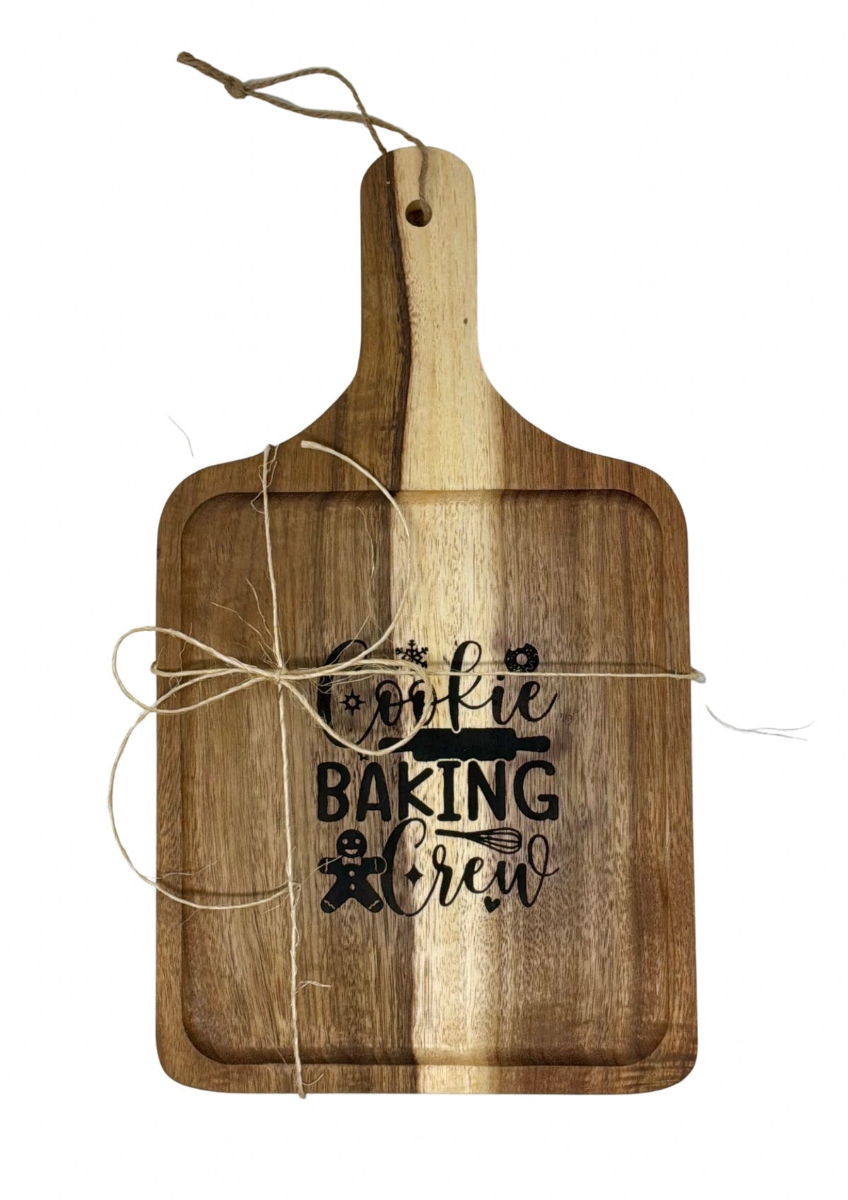 Cookie Baking Crew cutting board wrapped in twine, ready to give