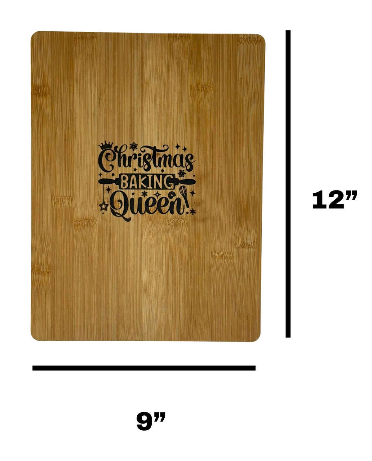 Christmas Baking Queen cutting board measuring 9 inches wide by 12 inches tall