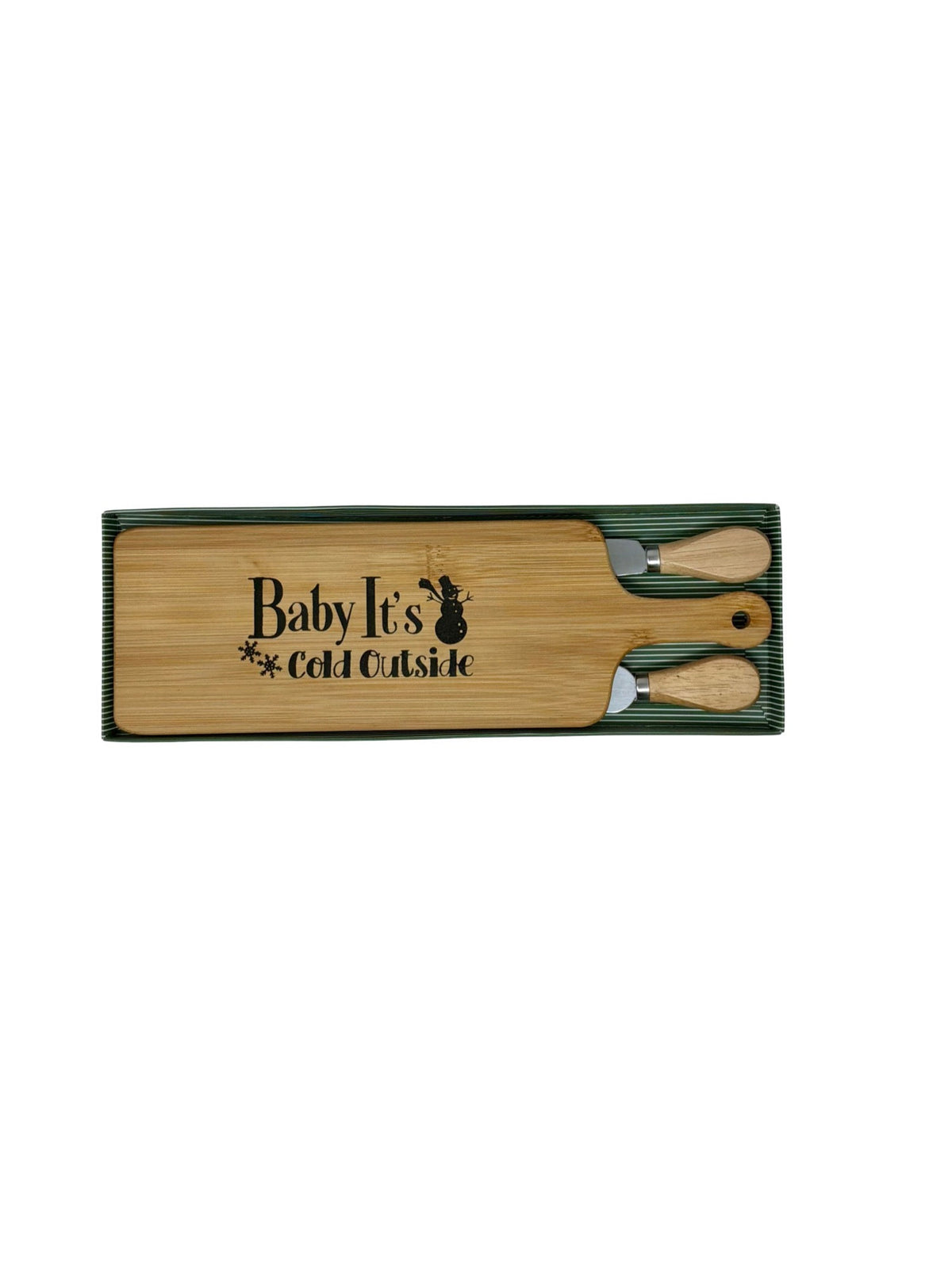 Baby It's Cold Outside cheese board with wood-handled cheese fork and spreader in a green striped gift box