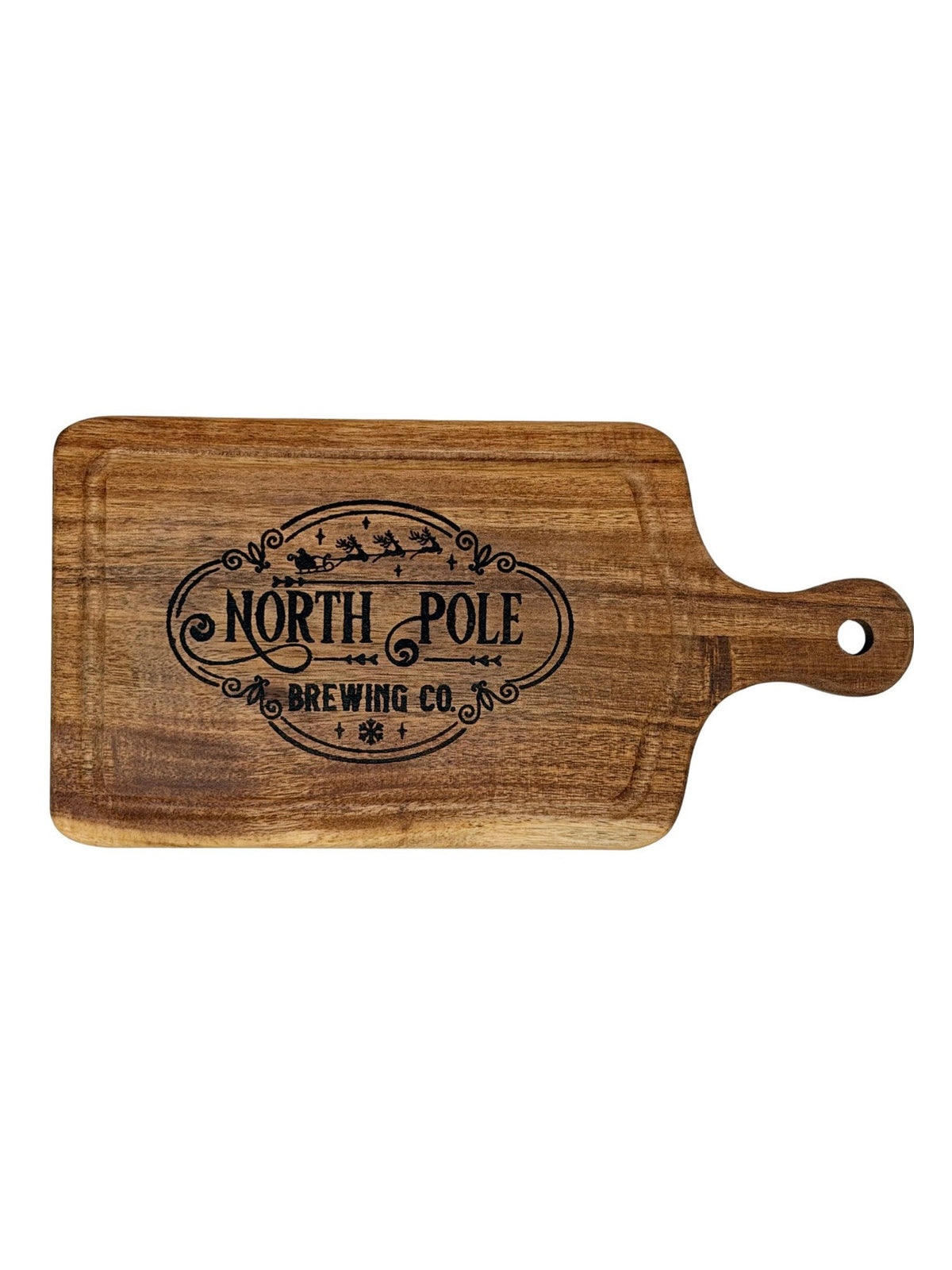 Hand-burned North Pole Brewing Co. cheeseboard