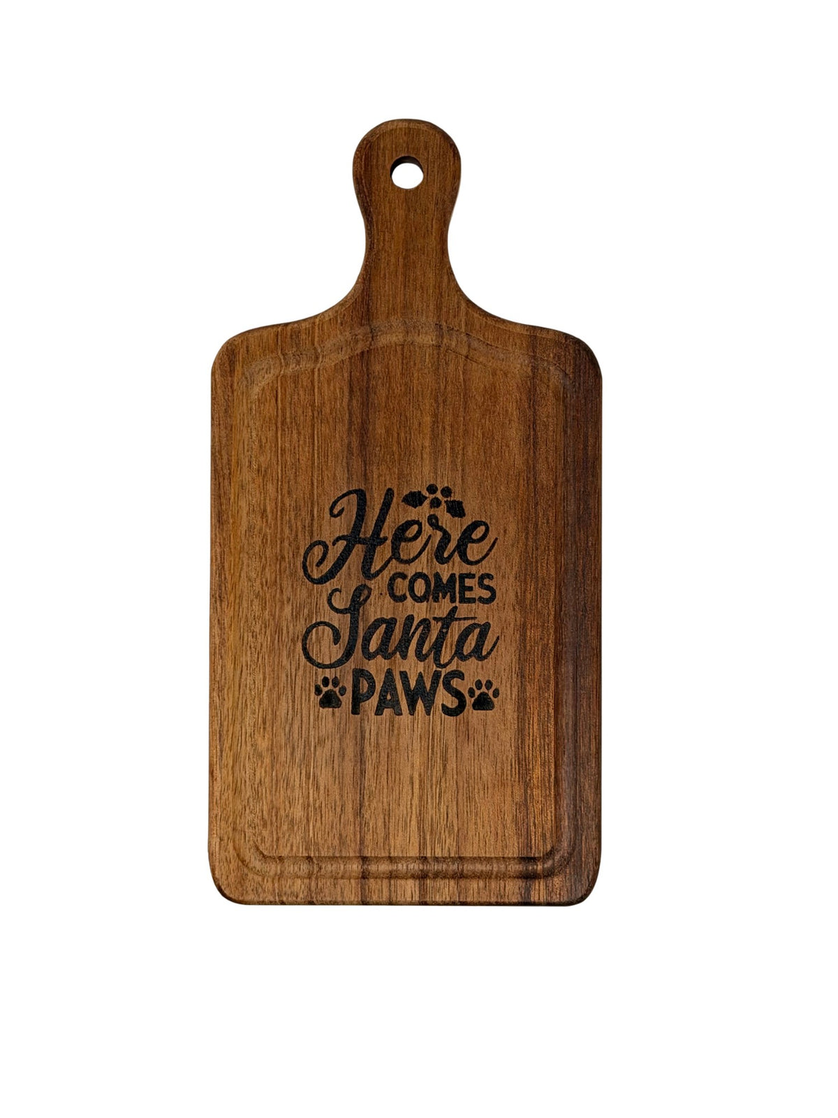 Hand-burned Here Comes Santa Paws cheese board