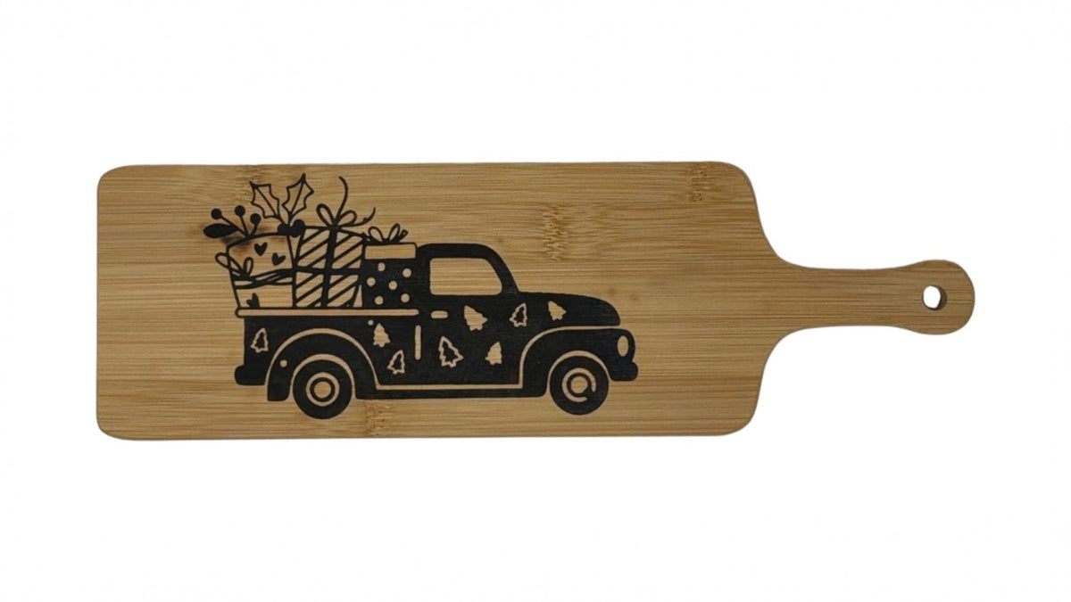 Hand-burned Christmas truck cheese board, 12 inches long by 4 inches wide