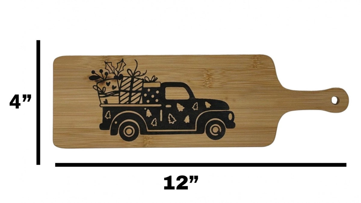 Christmas truck cheese board measuring 12 inches long by 4 inches wide