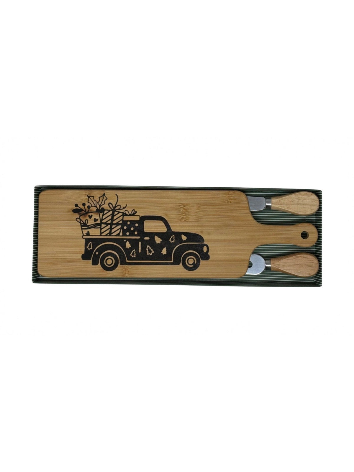 Christmas truck cheese board with wood-handled cheese fork and spreader in a green striped gift box