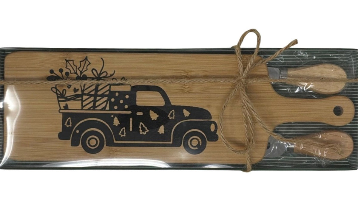 Christmas truck cheese board gift set tied with twine, ready to give
