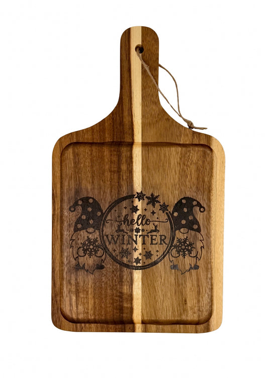 Hand-burned Hello Winter cutting board