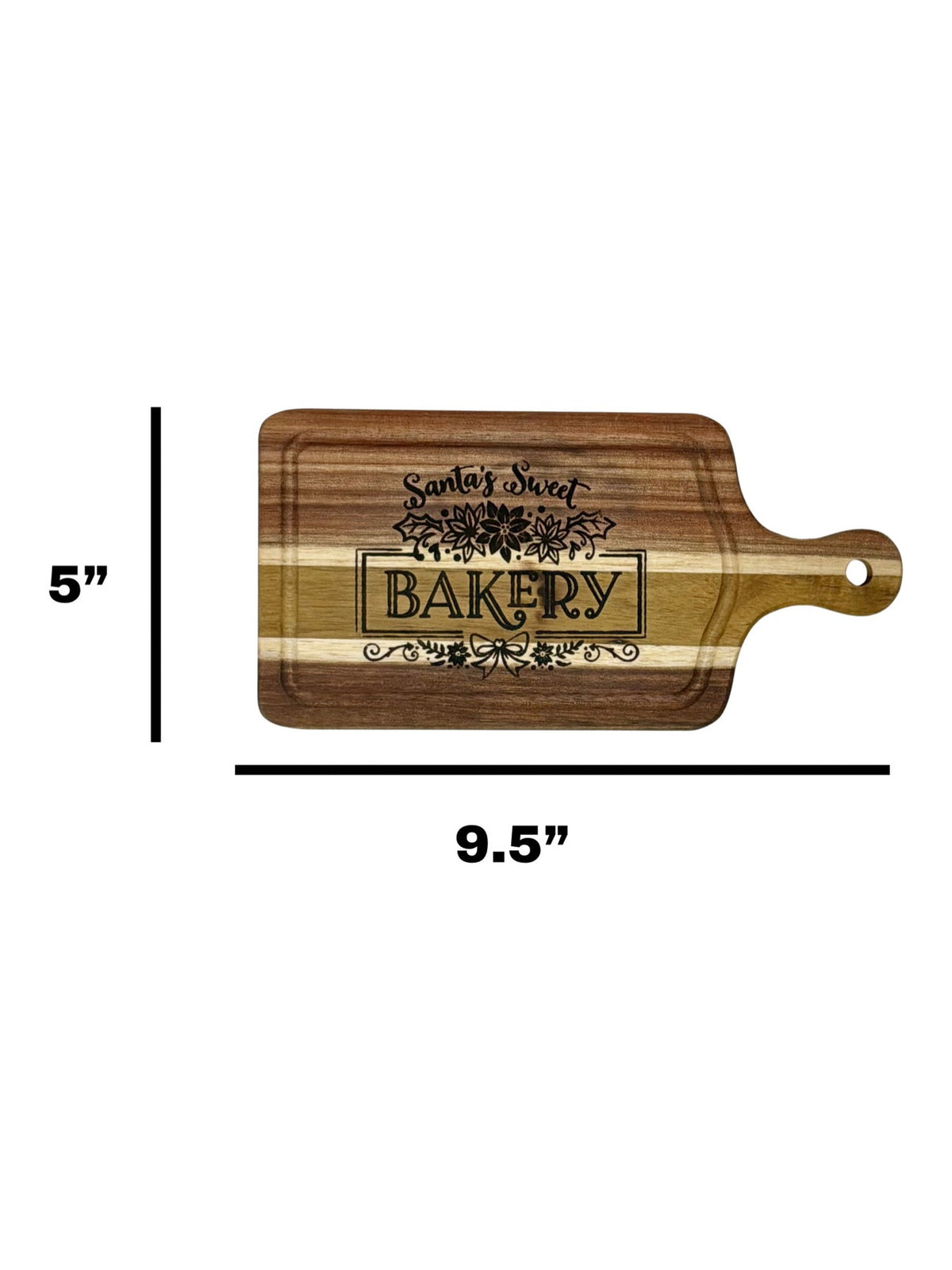 Santa's Sweet Bakery cheeseboard measuring 9.5 inches wide by 5 inches tall