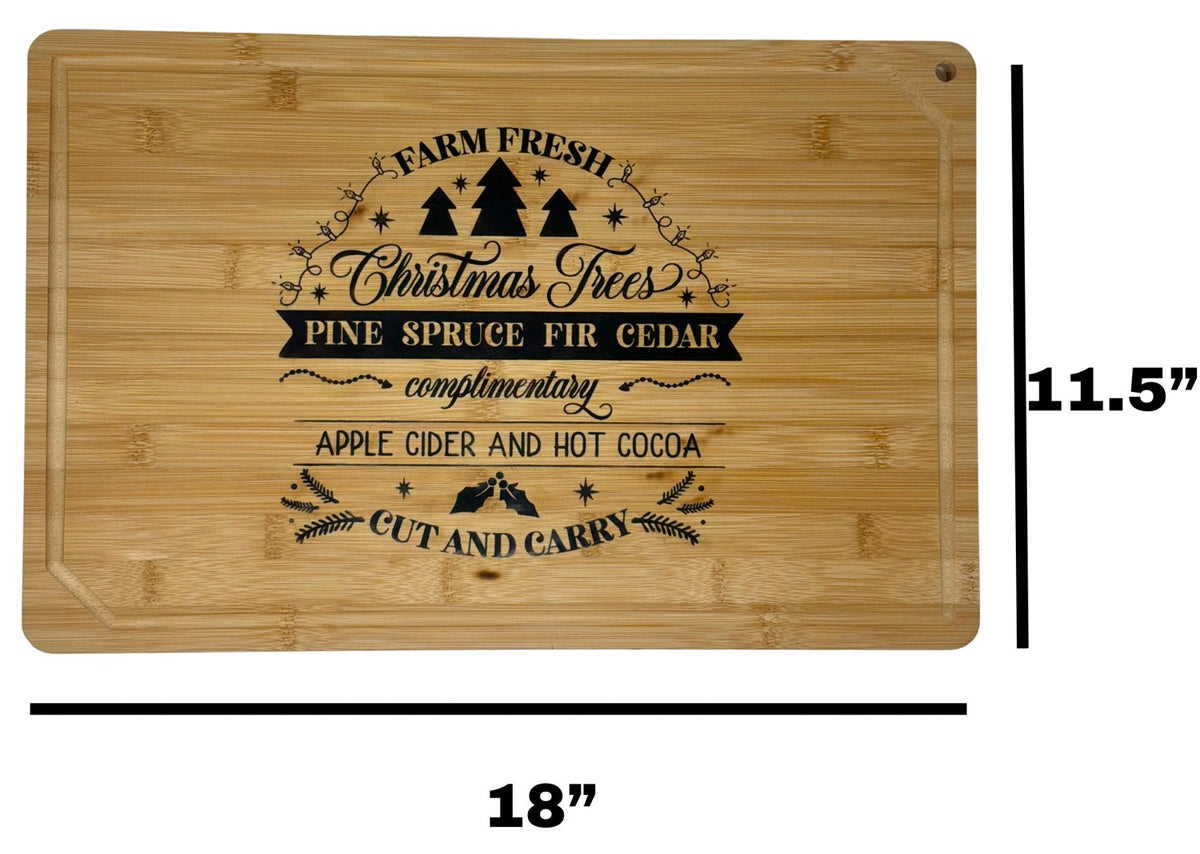 Large Farm Fresh Christmas Trees cutting board measuring 11.5 inches wide by 18 inches tall