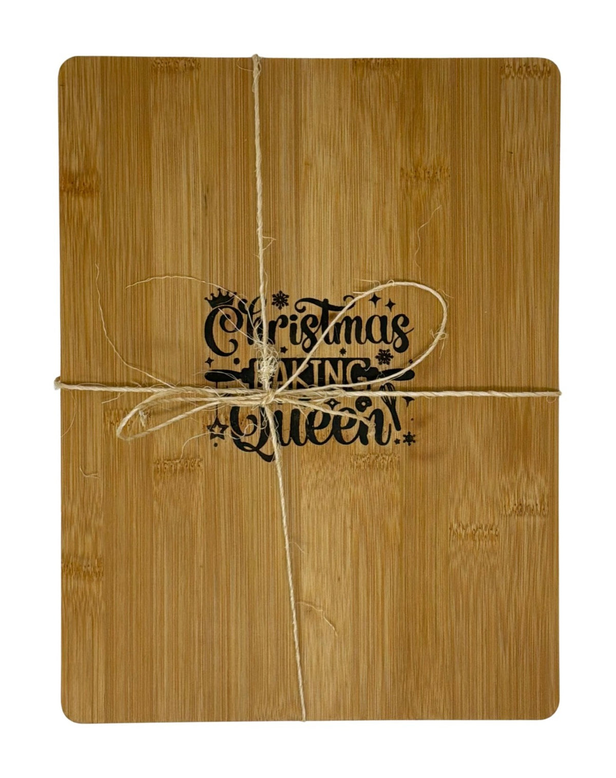 Christmas Baking Queen cutting board tied with twine