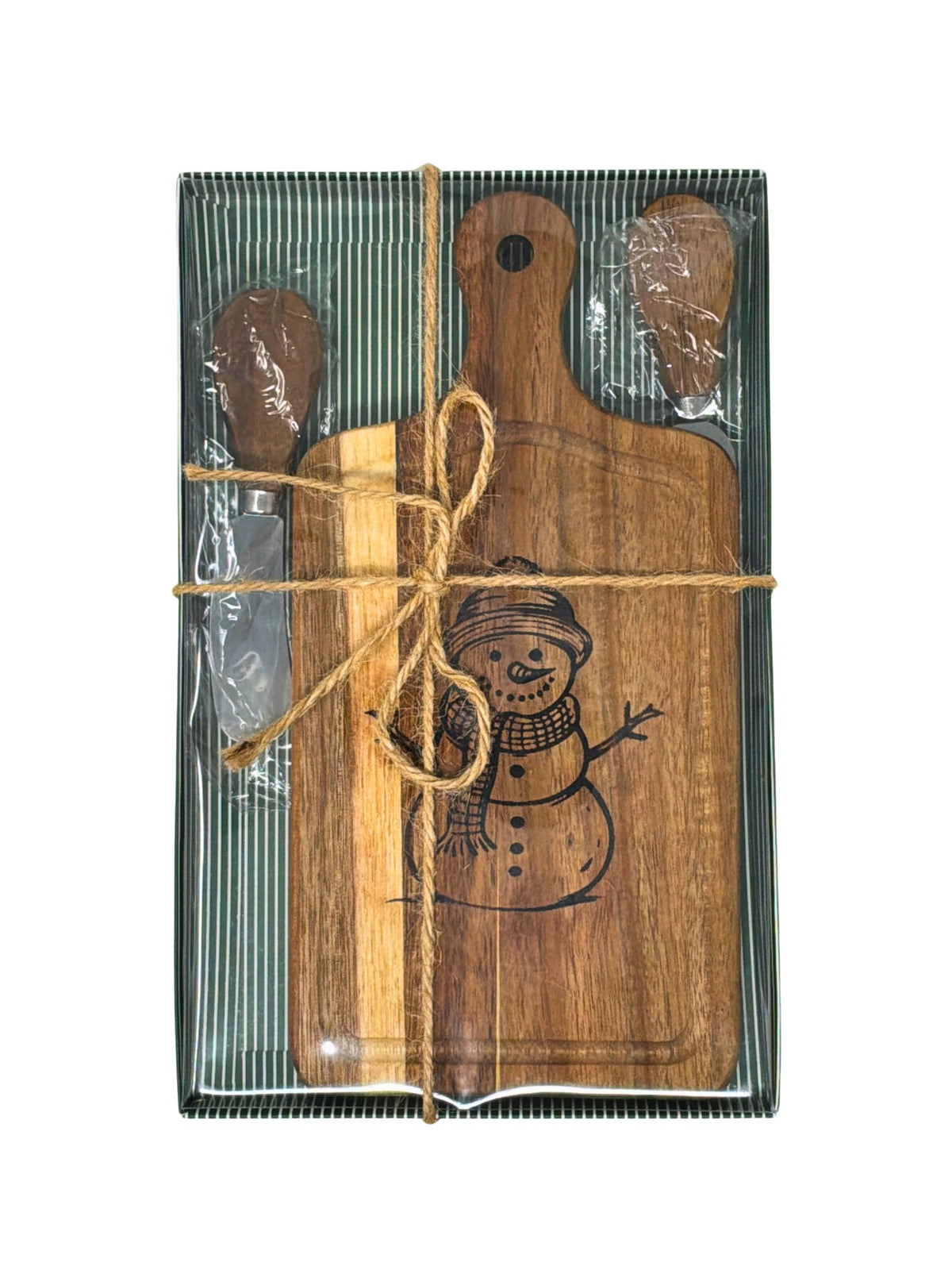 Snowman cheese board gift set tied with twine, ready to give
