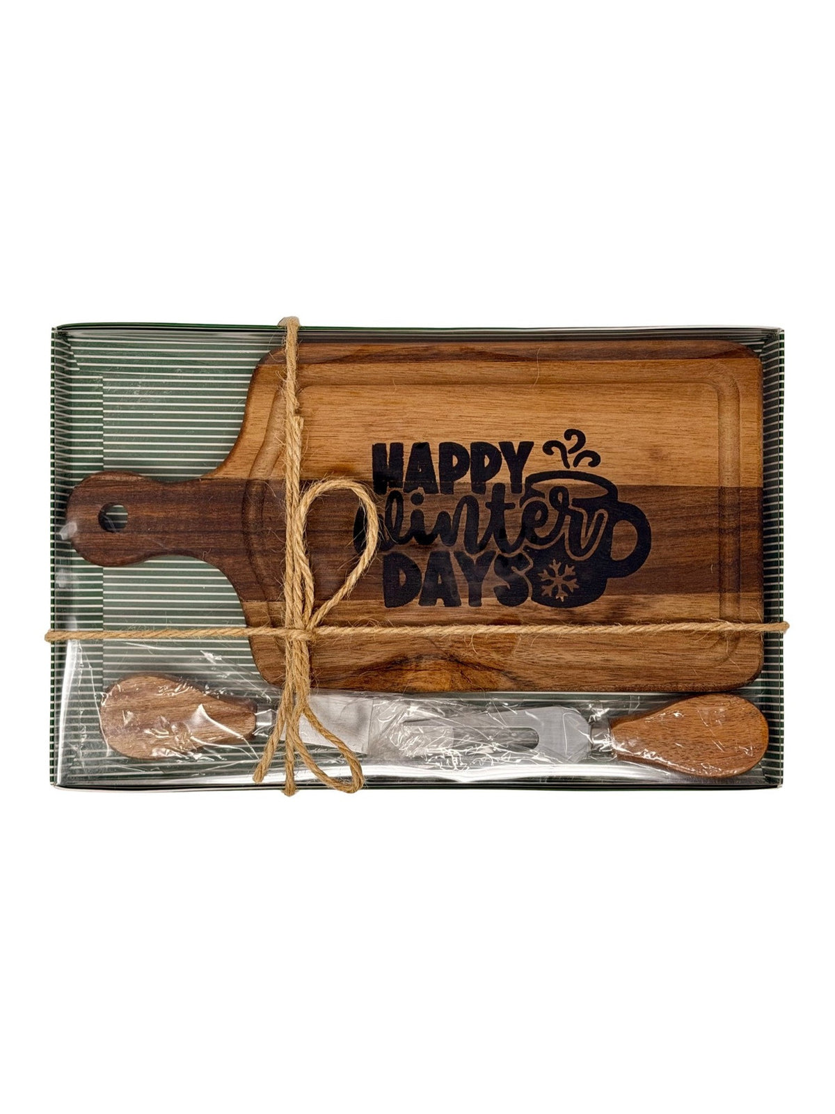 Happy Winter Days cheese board gift set tied with twine, ready to give