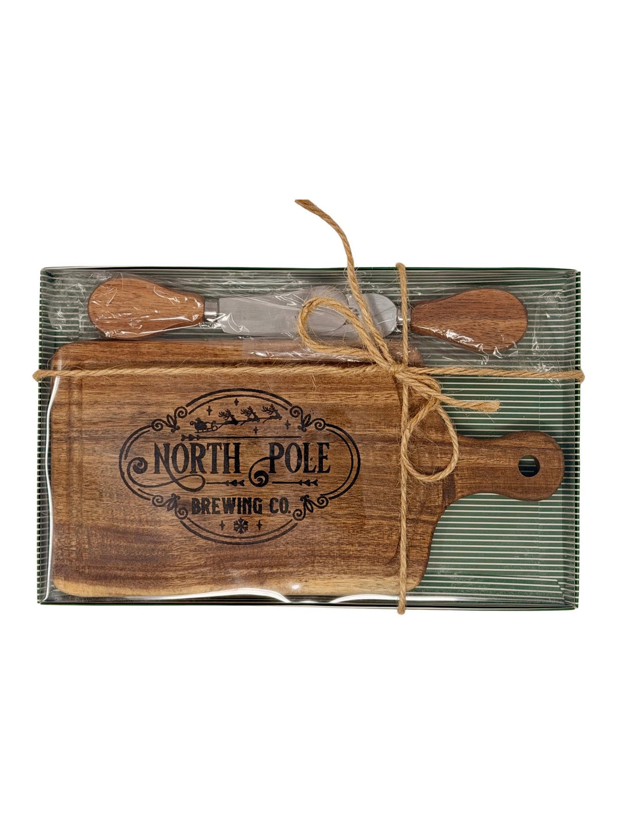 North Pole Brewing Co. cheeseboard gift set tied with twine, ready to give