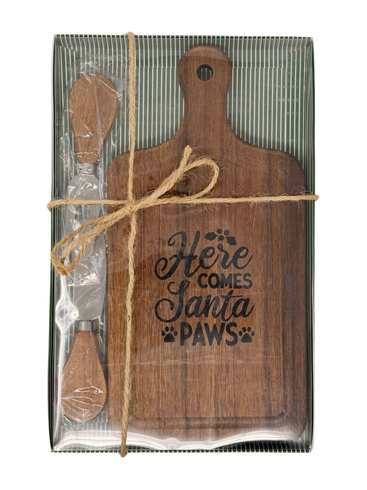 Here Comes Santa Paws cheese board gift set tied with twine, ready to give