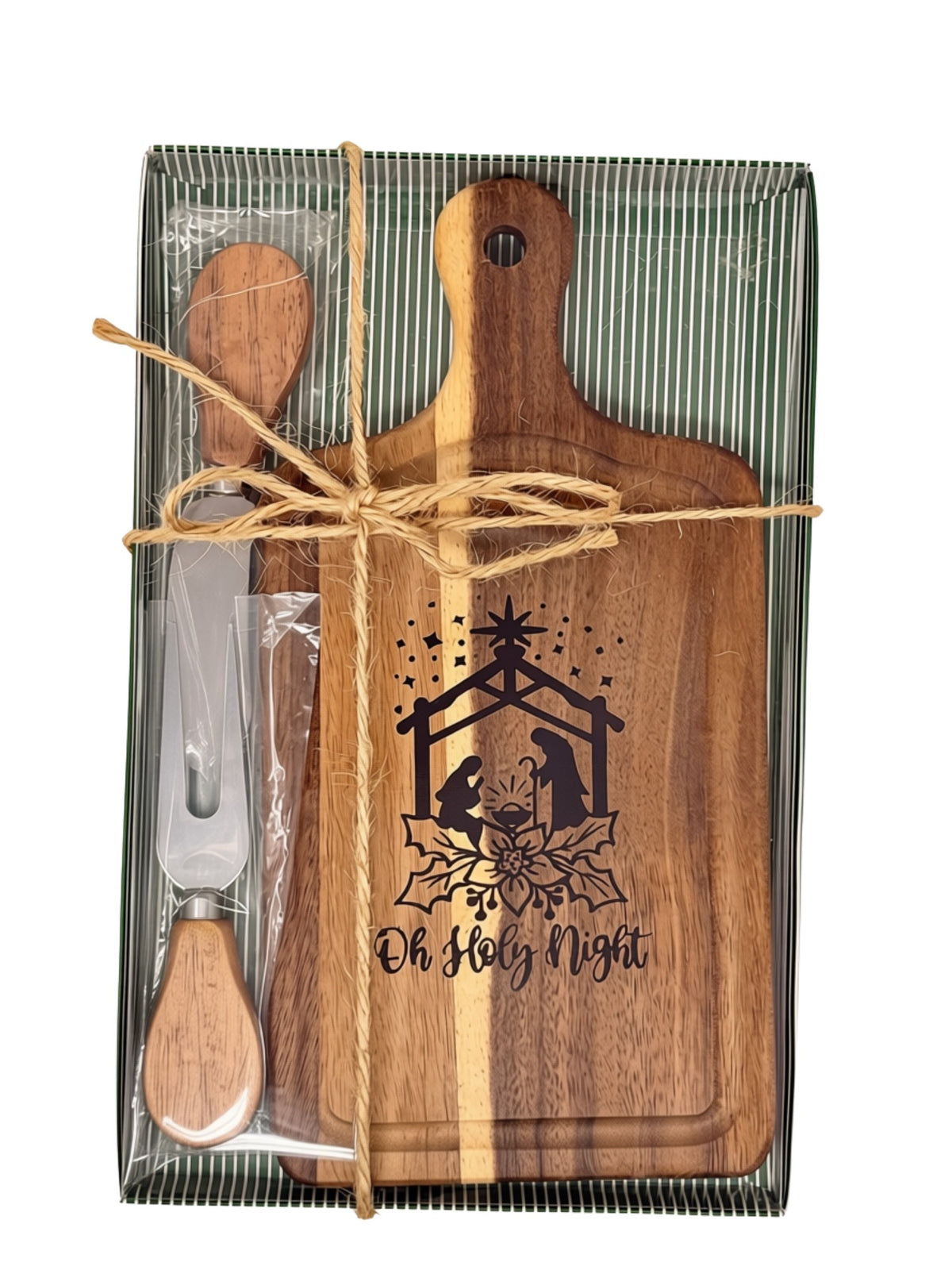 Oh Holy Night cheeseboard gift set tied with twine, ready to give