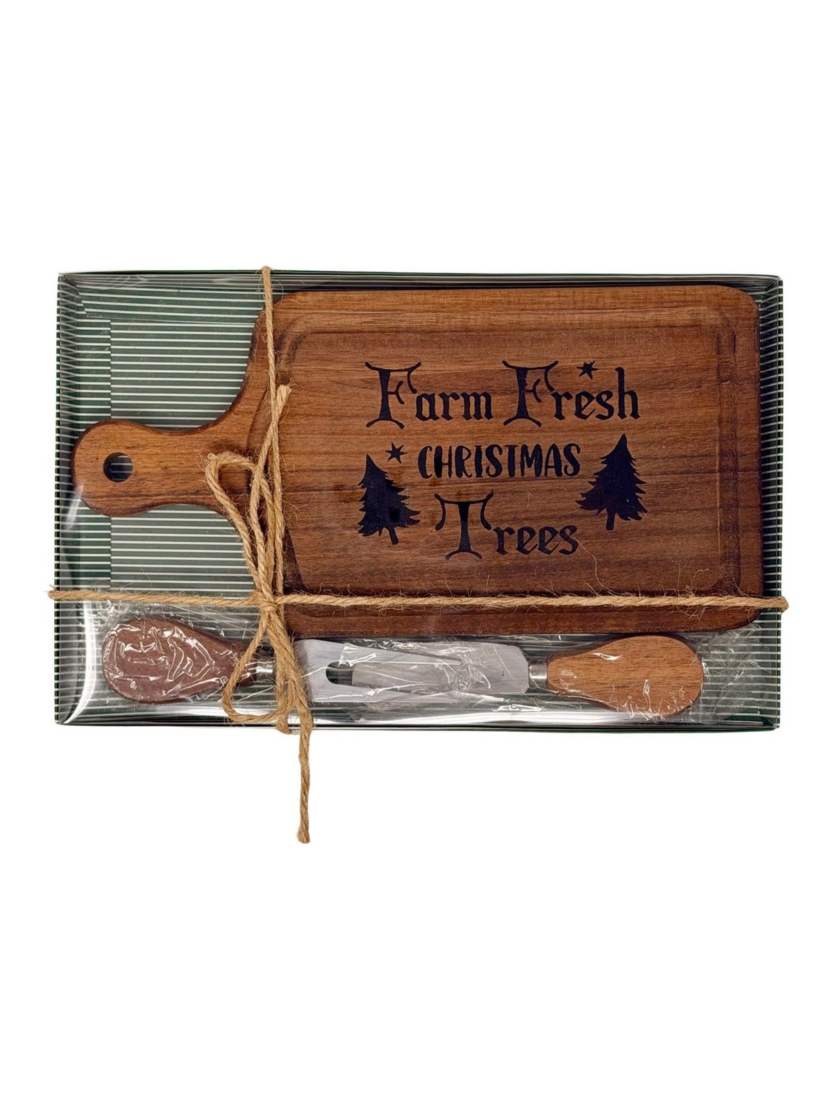 Farm Fresh Christmas Trees cheese board gift set tied with twine, ready to give