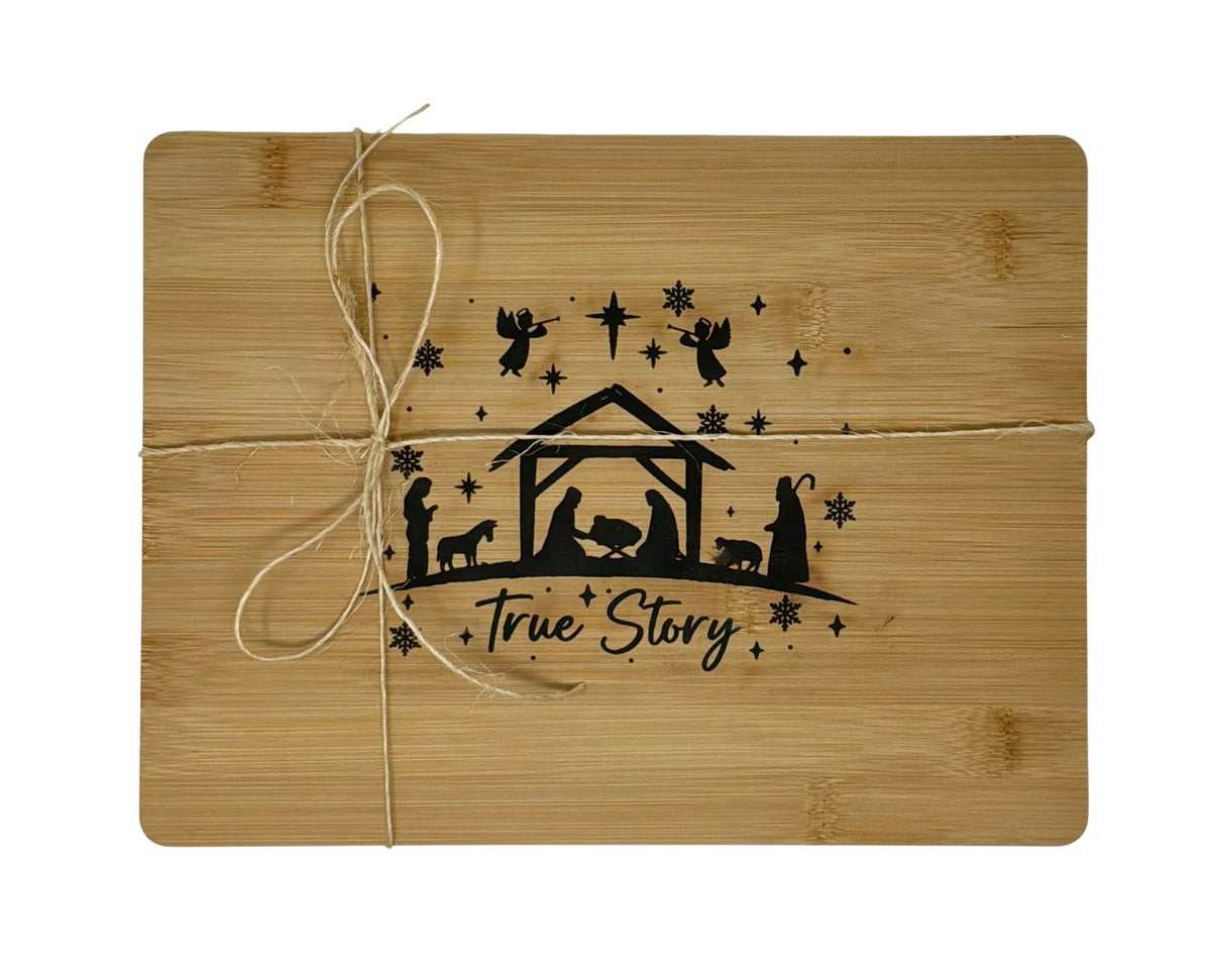 Hand-burned True Story cutting board tied with twine