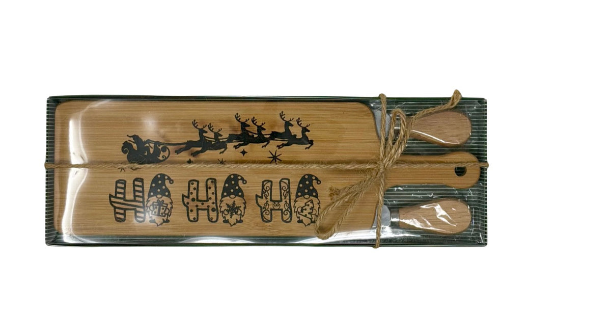 Ho Ho Ho long cheese board gift set tied with twine, ready to give
