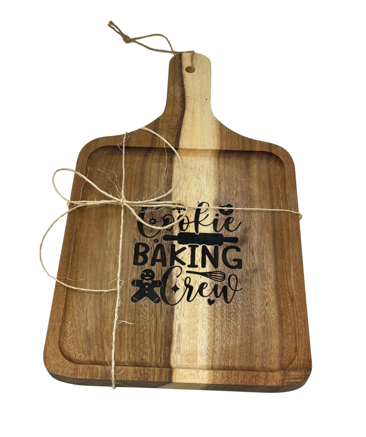Cookie Baking Crew cutting board tied with twine