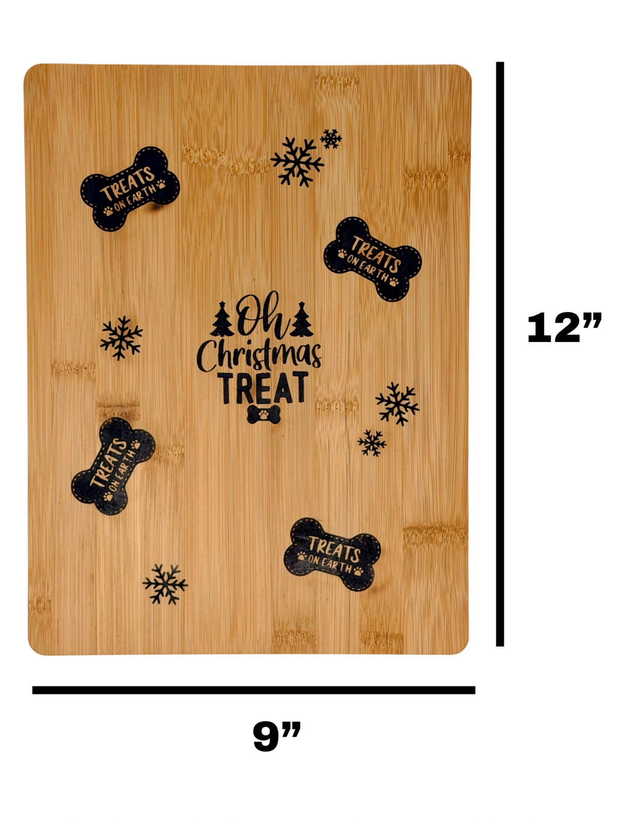 Oh Christmas Treat cutting board measuring 9 inches wide by 12 inches tall