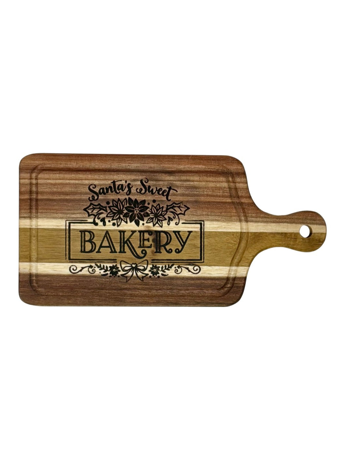 Santa's Sweet Bakery striped wood cheeseboard, burned by hand