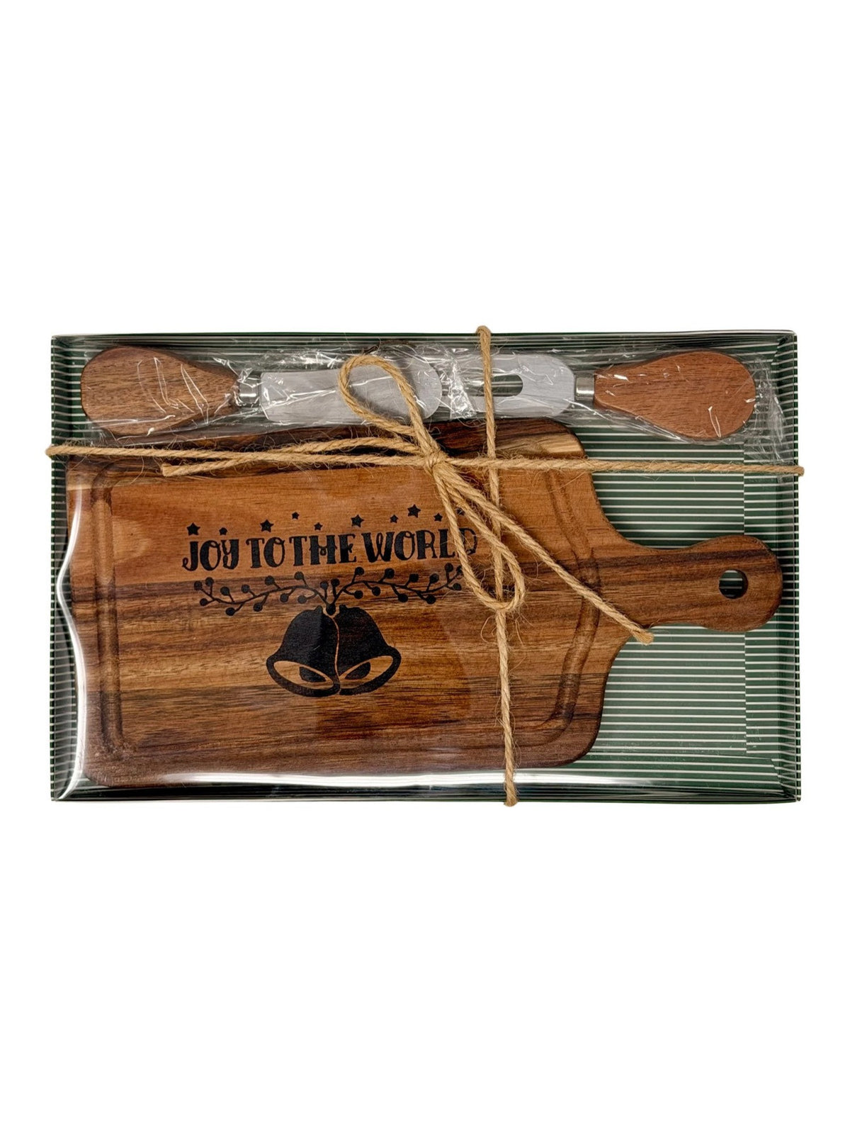 Joy to the World cheese board gift set tied with twine, ready to give