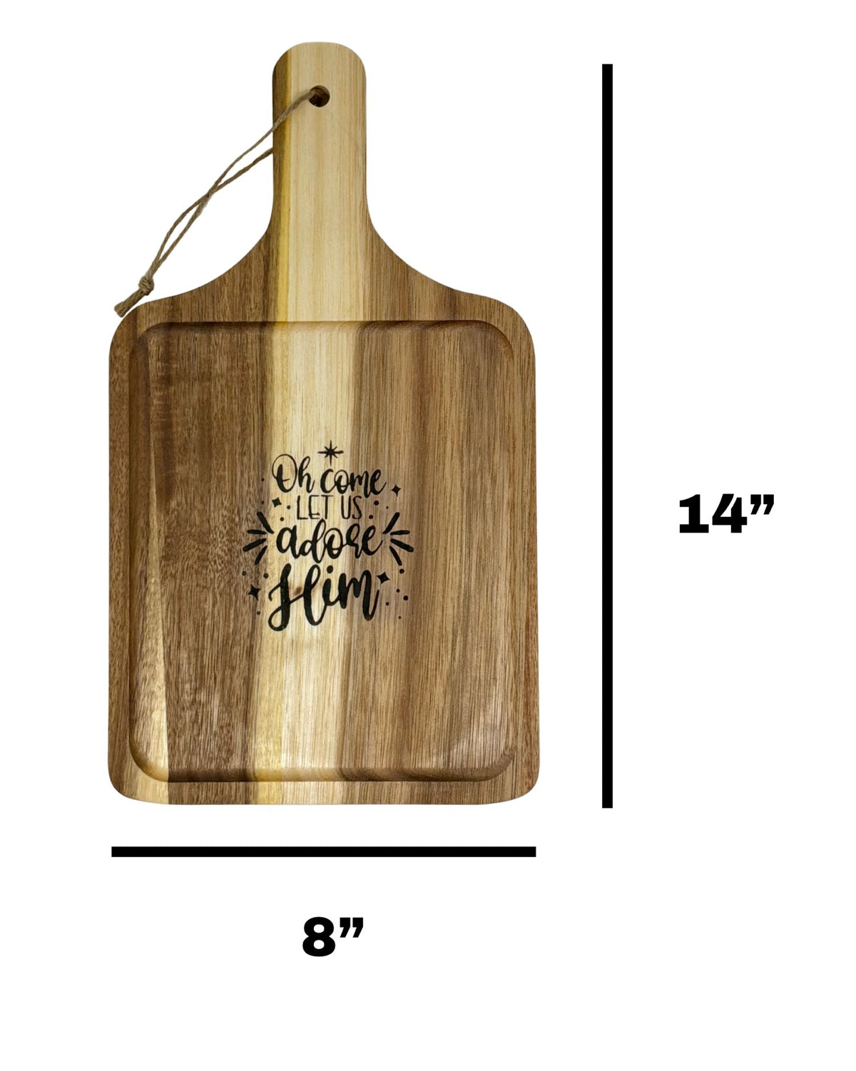 Oh Come Let Us Adore Him cutting board measuring 8 inches wide by 14 inches tall