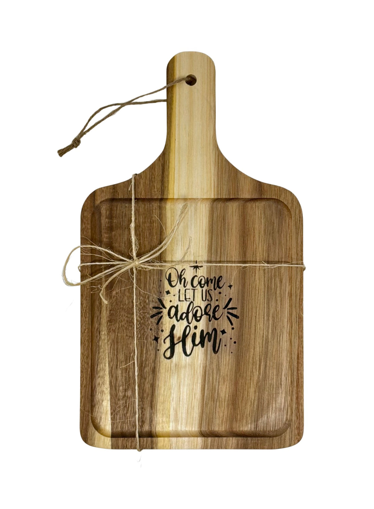 Oh Come Let Us Adore Him cutting board tied with twine
