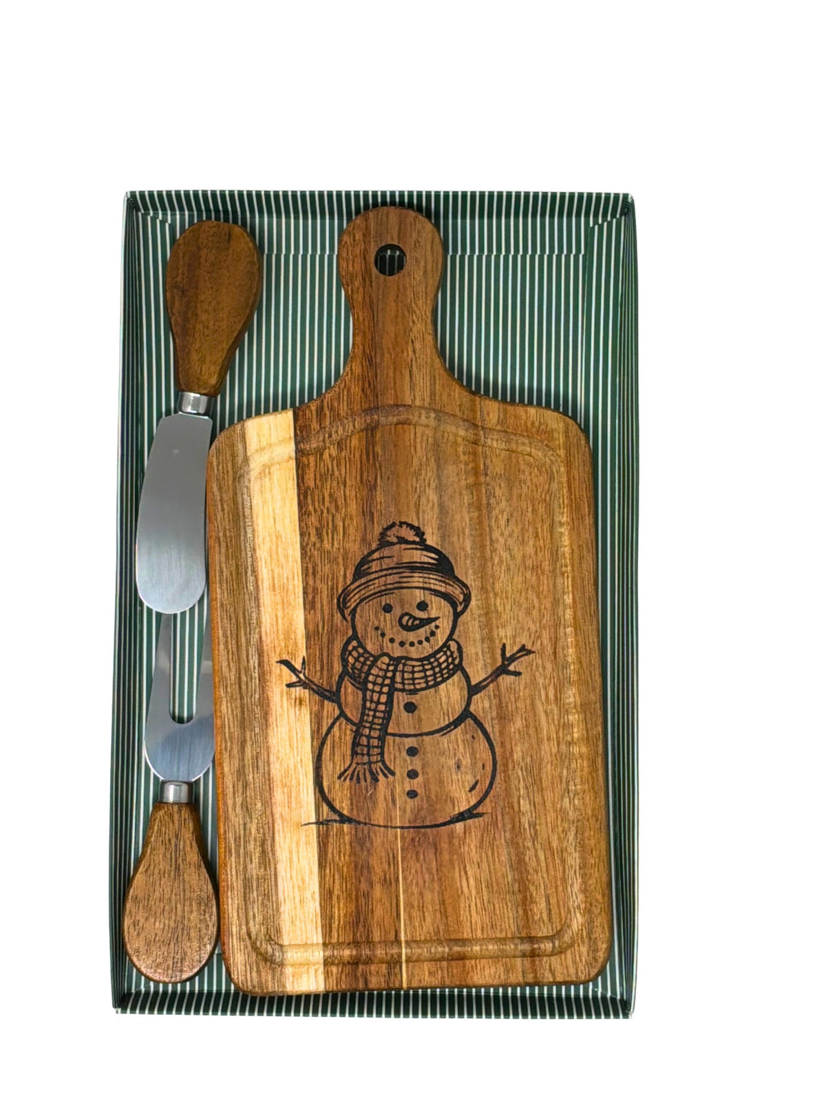 Hand-burned snowman cheese board with wood-handled cheese knife and fork in a green striped gift box