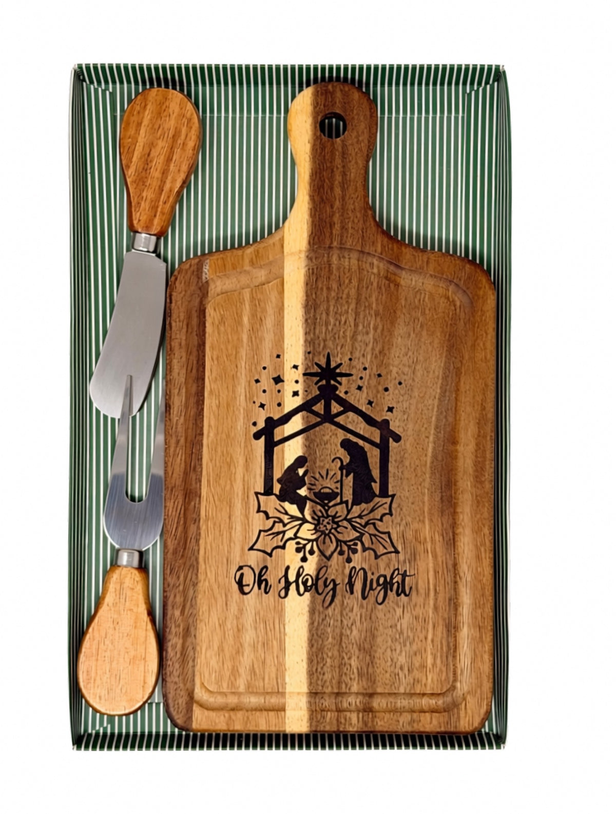 Hand-burned Oh Holy Night cheeseboard with wood-handled cheese knife and fork in a green striped gift box