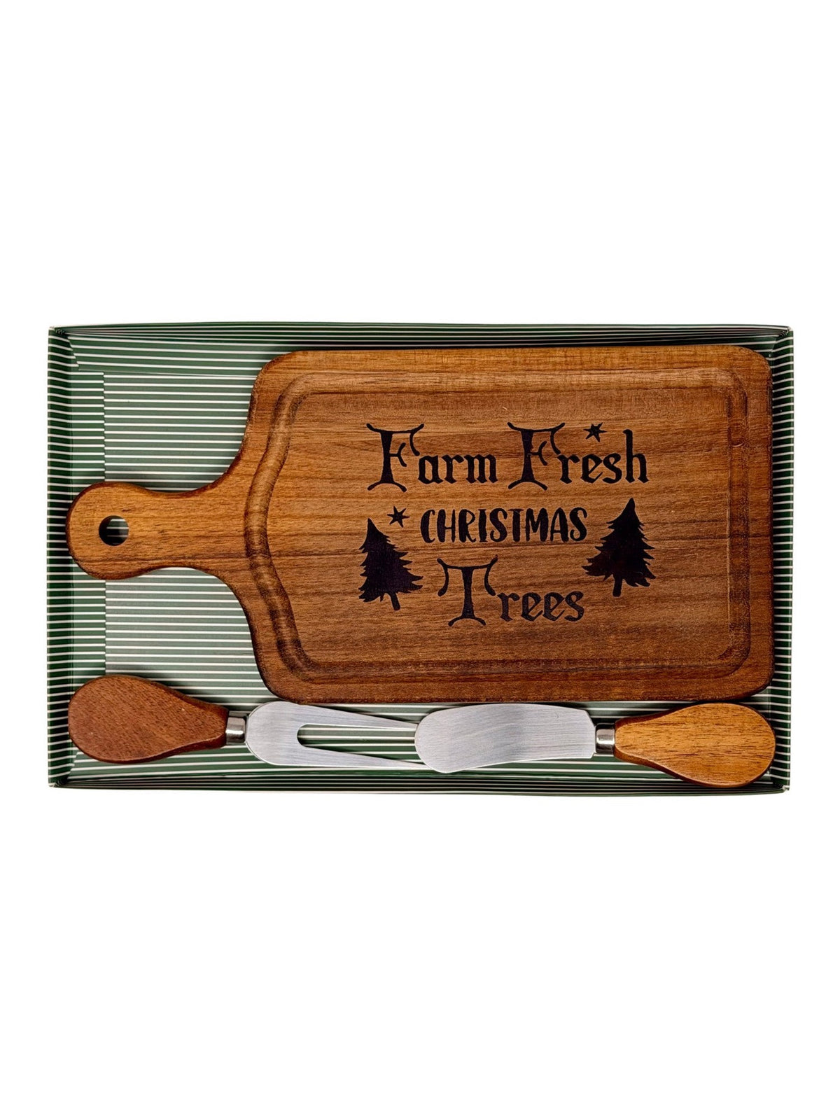 Hand-burned Farm Fresh Christmas Trees cheese board with wood-handled cheese knife and fork in a green striped gift box