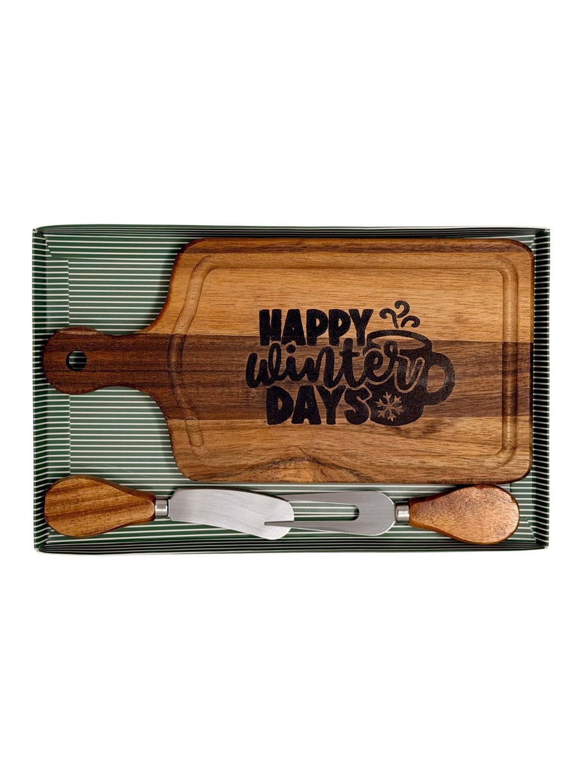 Hand-burned Happy Winter Days cheese board with wood-handled cheese knife and fork in a green striped gift box