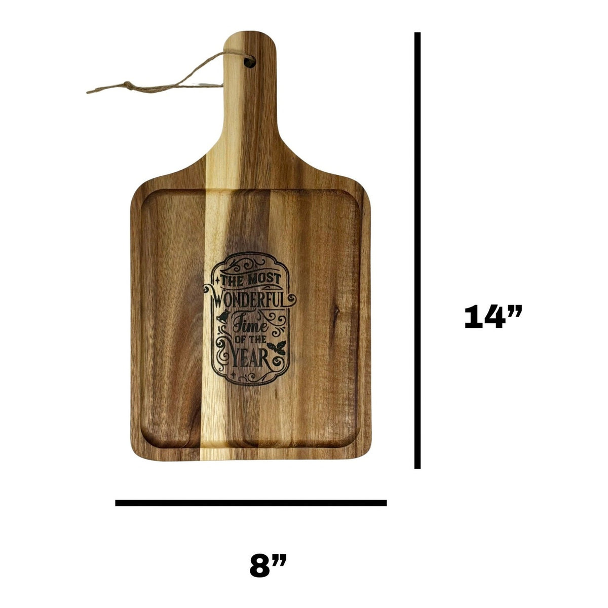 Most Wonderful Time of the Year cutting board measuring 14 inches tall by 8 inches wide