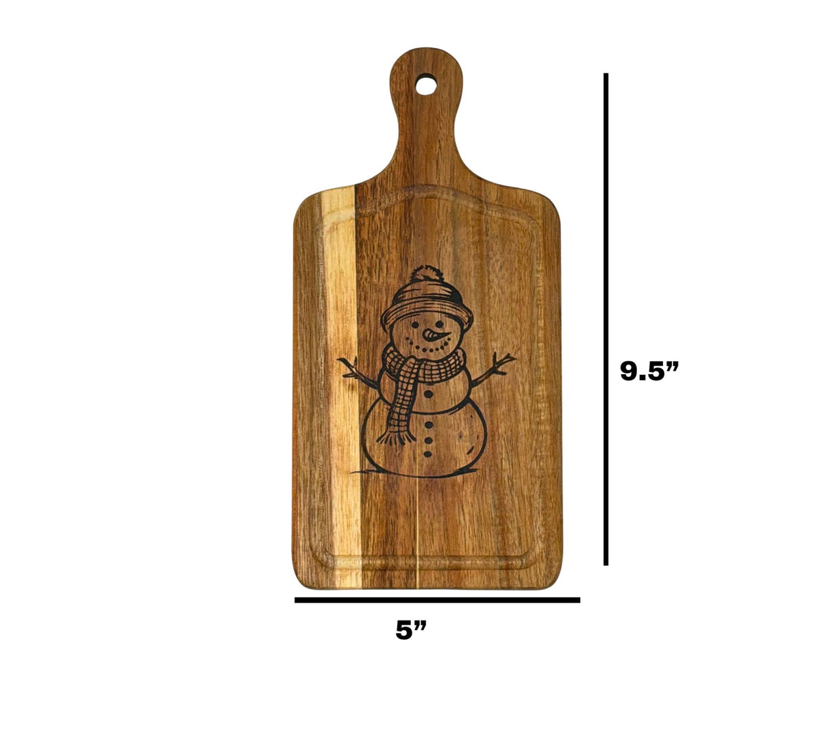 Snowman cheese board measuring 9.5 inches tall by 5 inches wide