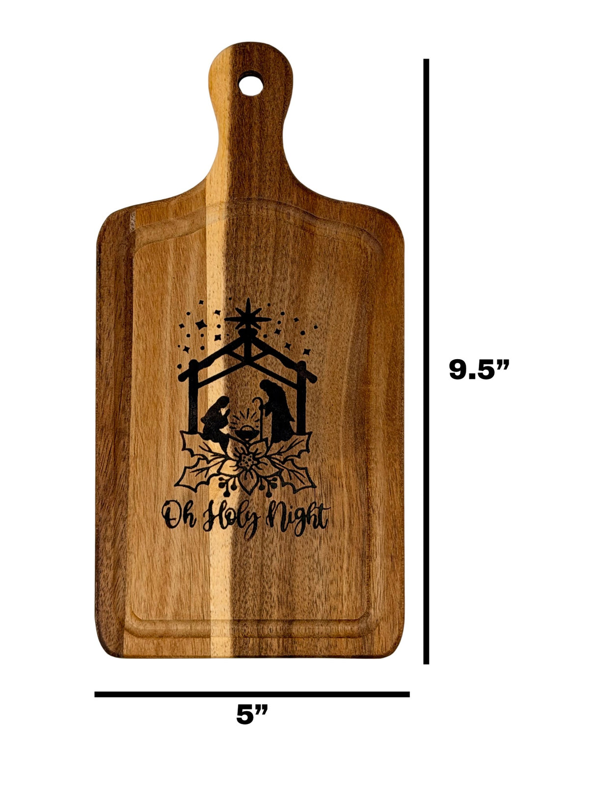 Oh Holy Night cheeseboard measuring 9.5 inches tall by 5 inches wide