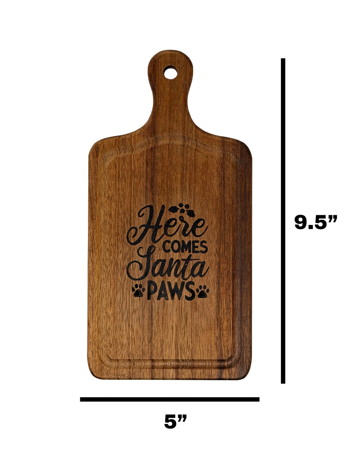 Here Comes Santa Paws cheese board measuring 9.5 inches tall by 5 inches wide