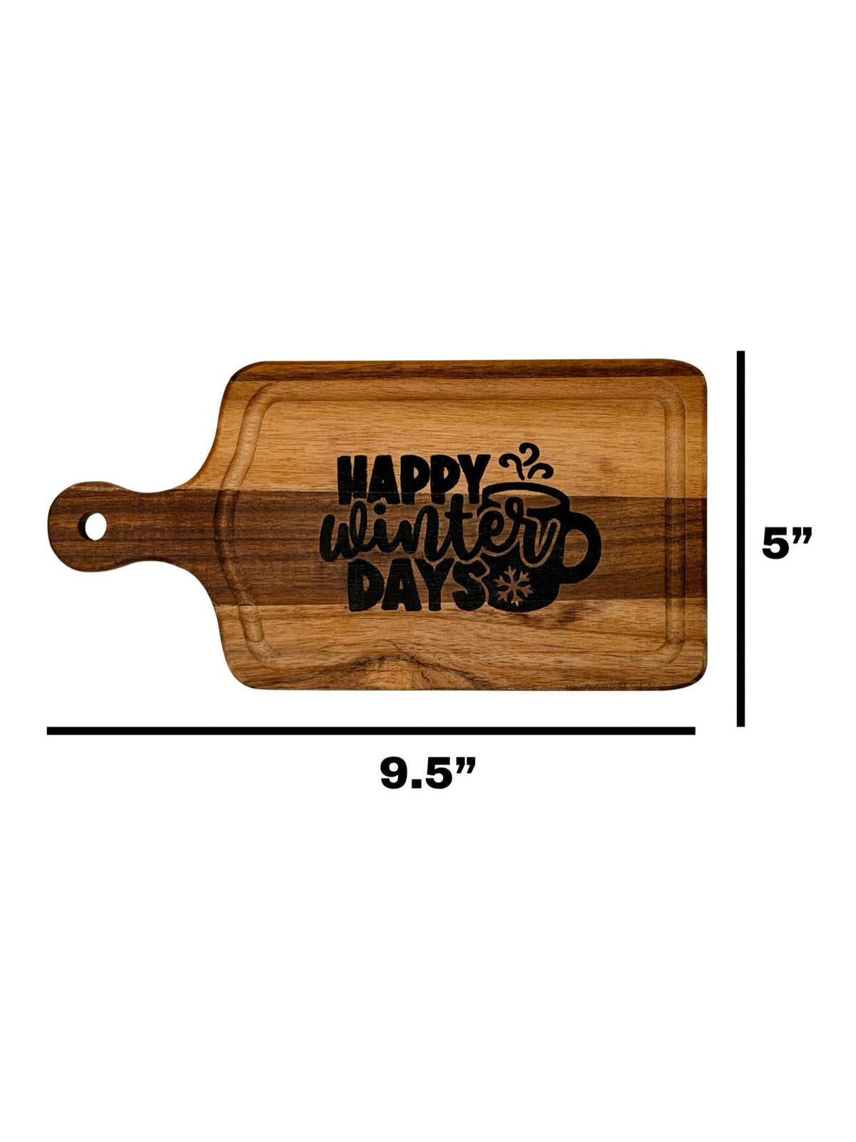 Happy Winter Days cheese board measuring 9.5 inches tall by 5 inches wide