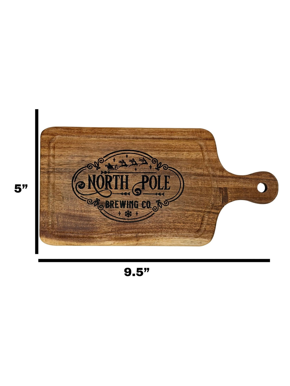 North Pole Brewing Co. cheeseboard measuring 9.5 inches by 5 inches
