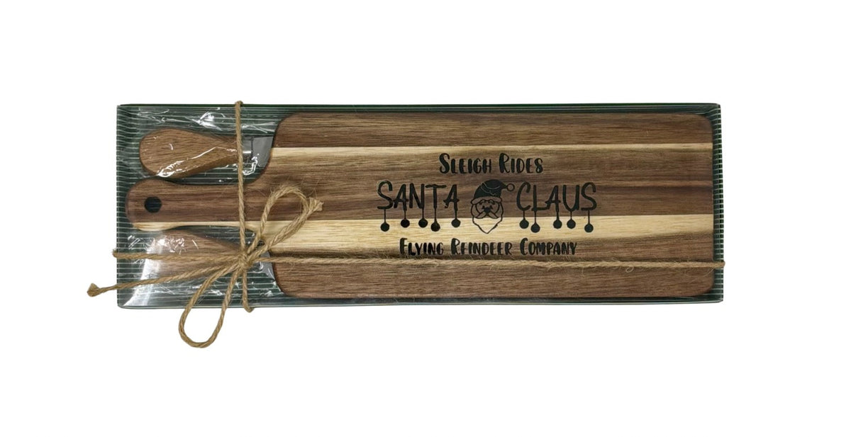 Sleigh Rides Santa Claus cheese board gift set tied with twine, ready to give