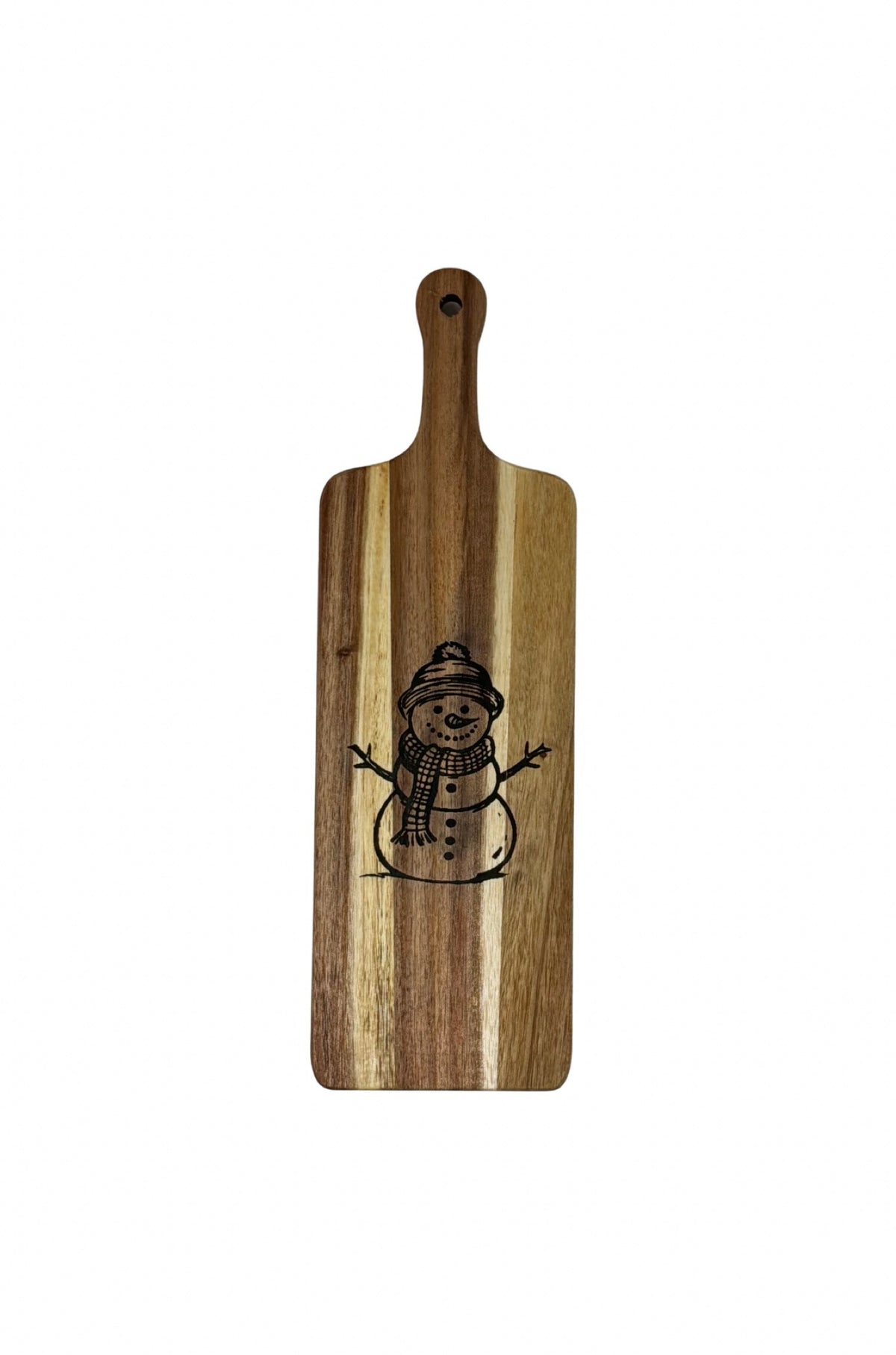 Hand-burned snowman long cheese board, 12 inches long by 4 inches wide