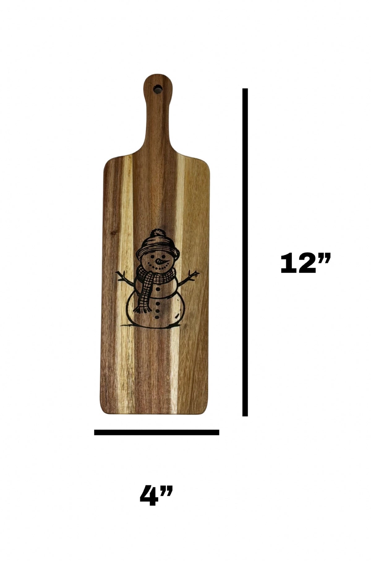 Snowman long cheese board measuring 12 inches long by 4 inches wide