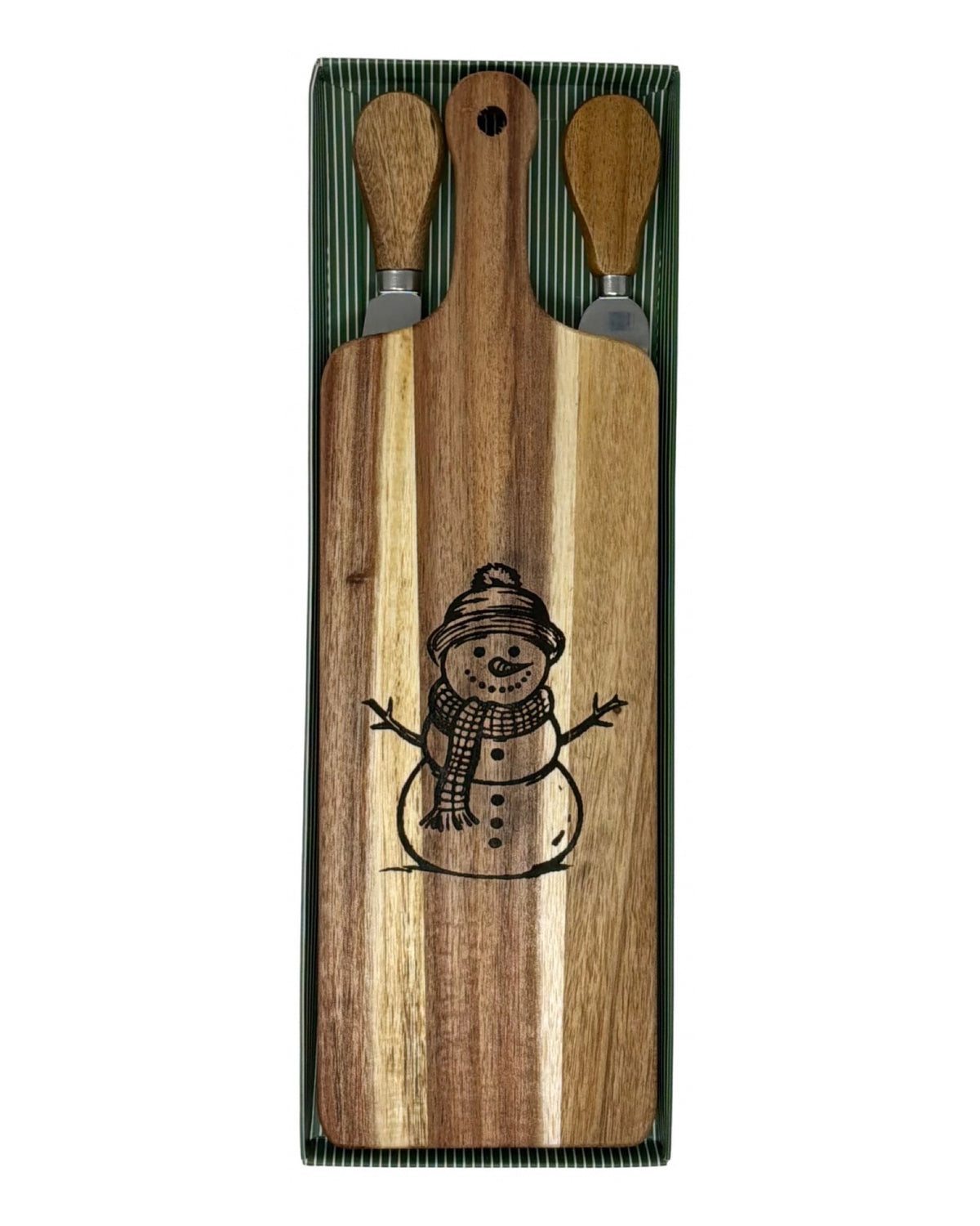 Snowman long cheese board with wood-handled cheese fork and spreader in a green striped gift box