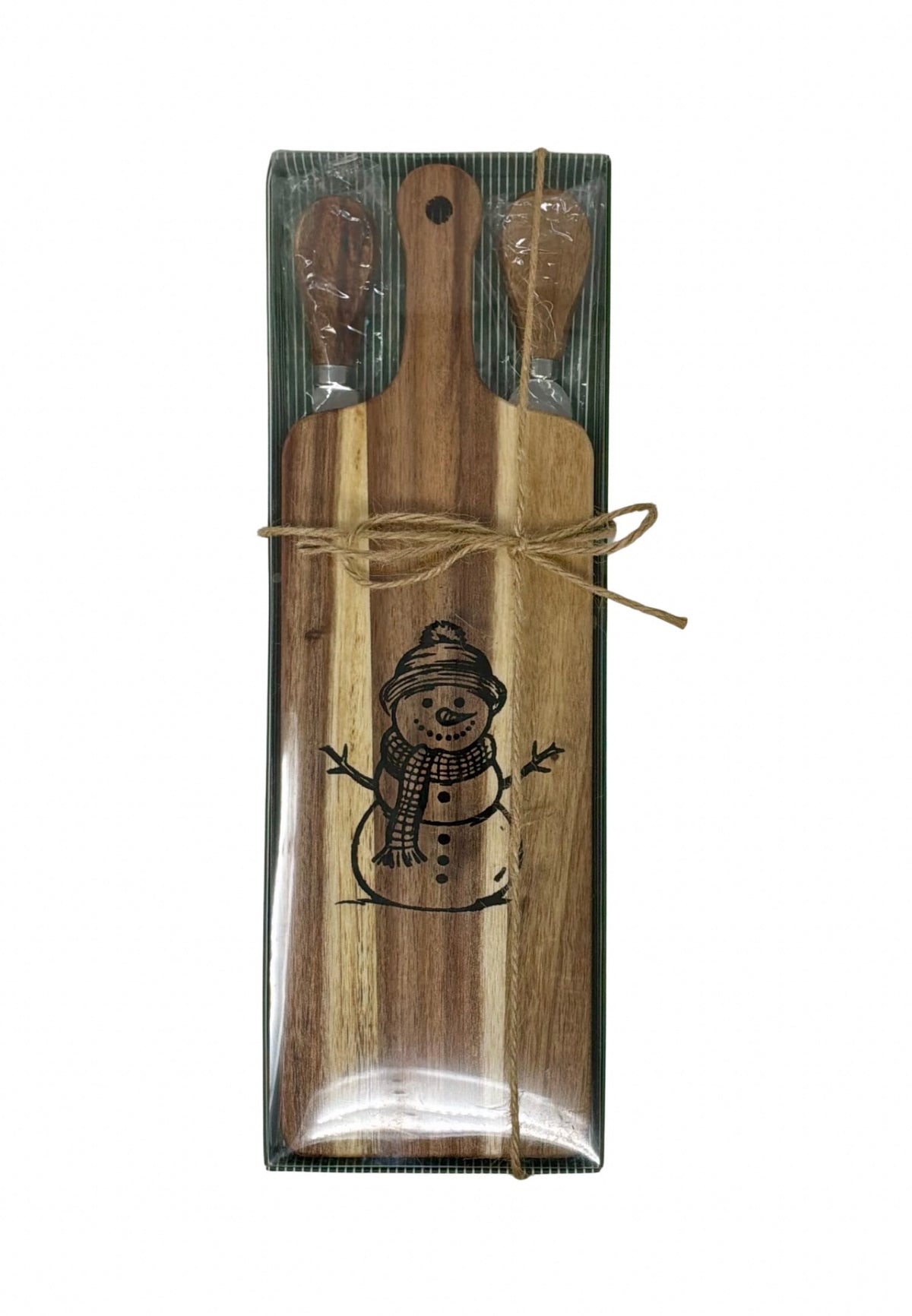 Snowman long cheese board gift set tied with twine, ready to give